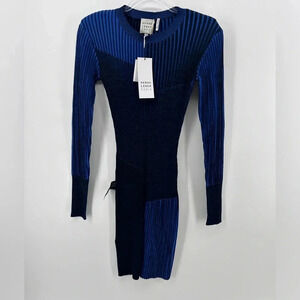 NWT Herve Leger Knit Crew Neck Blue Black Dress Shoulder Pads L/s Size S